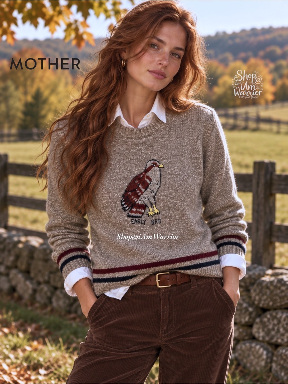 MOTHER Embroidered Early Bird Hawk Alpaca Heathered Wool Crewneck Sweater